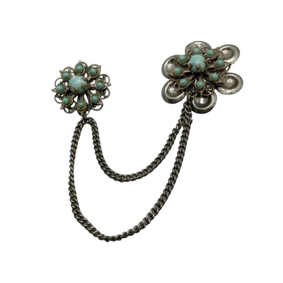 Vintage Silver Tone Faux Turquoise Double Sweater Brooch - Picture 1 of 5